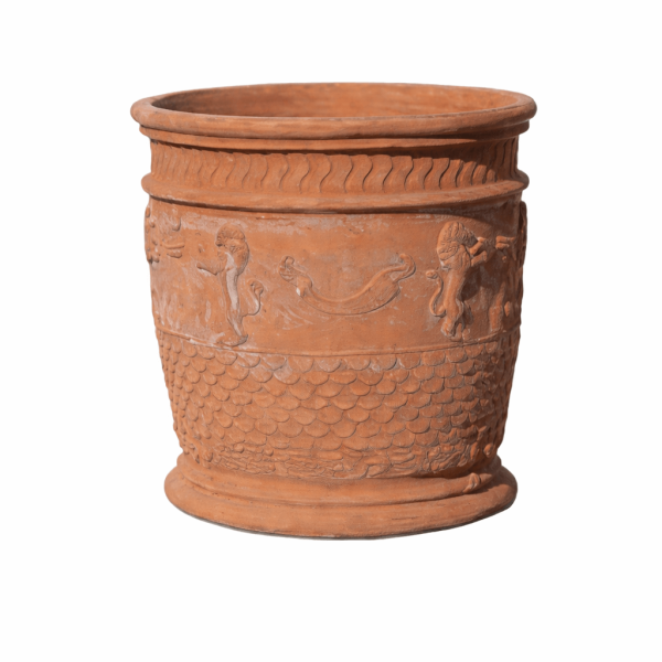 Impruneta Terracotta Cylinder mit tanzenden Löwen – handgefertigter Zylindertopf aus Italien